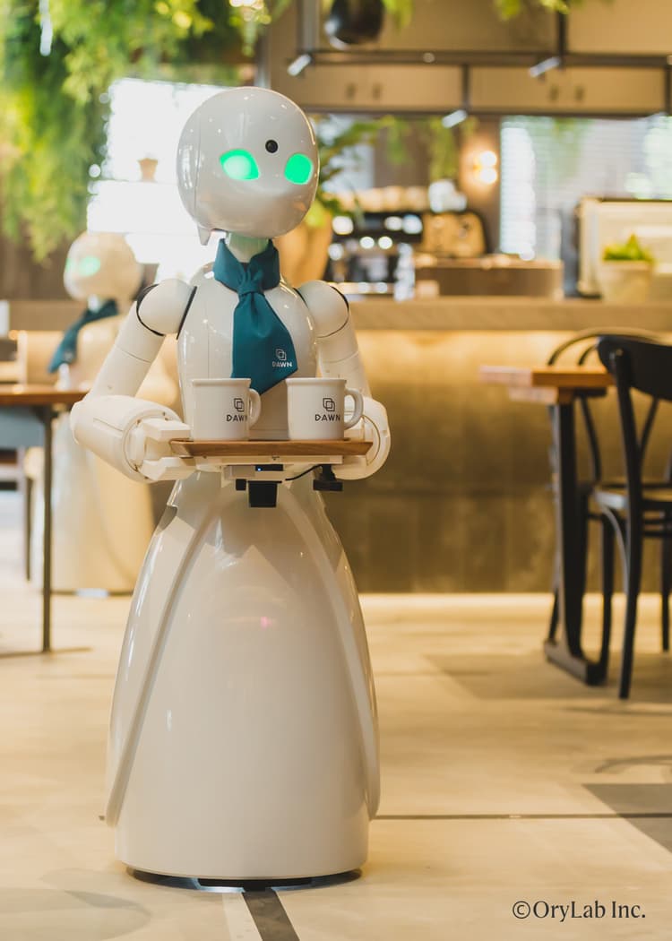 Collage of a robot carrying drinks at a Avatar Robot Cafe and a woman clapping in an audience.